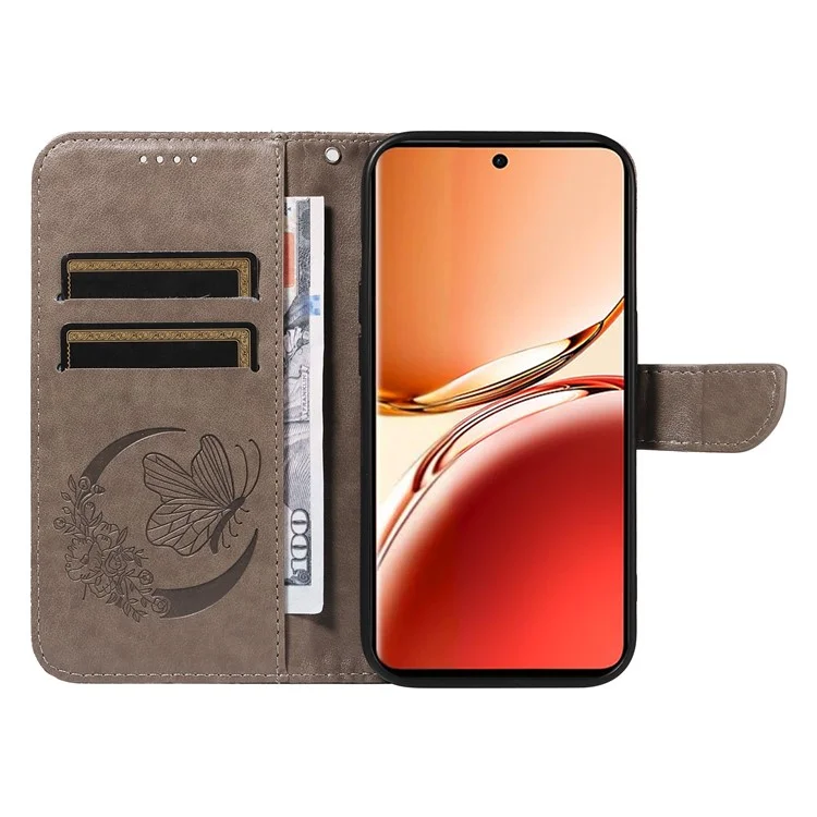 Pour Oppo Reno12 F 4G Étui Fentes pour Cartes Motif Papillon Cuir Housse Téléphone - Gris
