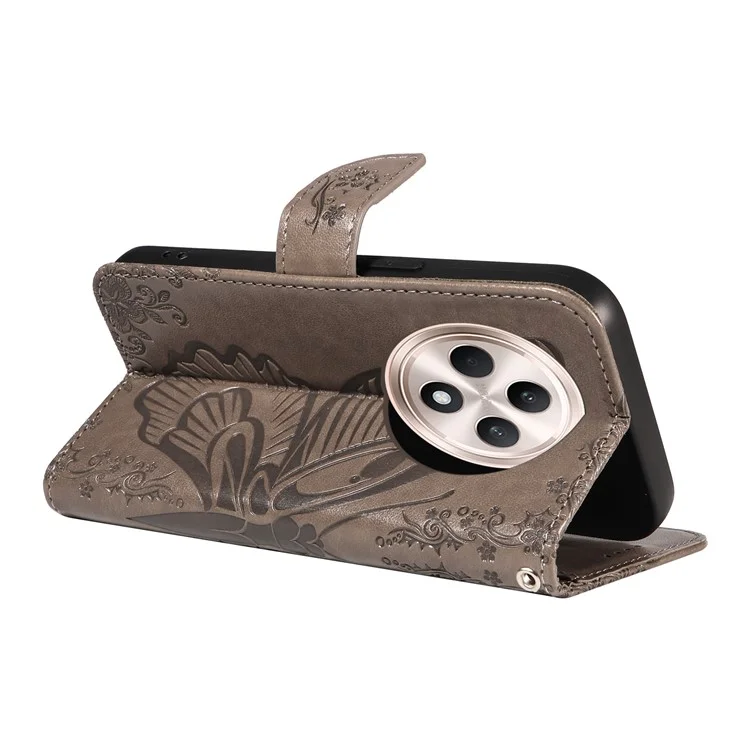 Pour Oppo Reno12 F 4G Étui Fentes pour Cartes Motif Papillon Cuir Housse Téléphone - Gris