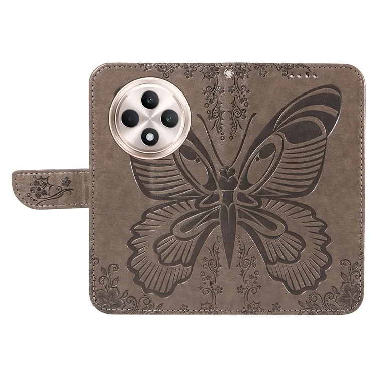 Pour Oppo Reno12 F 4G Étui Fentes pour Cartes Motif Papillon Cuir Housse Téléphone - Gris