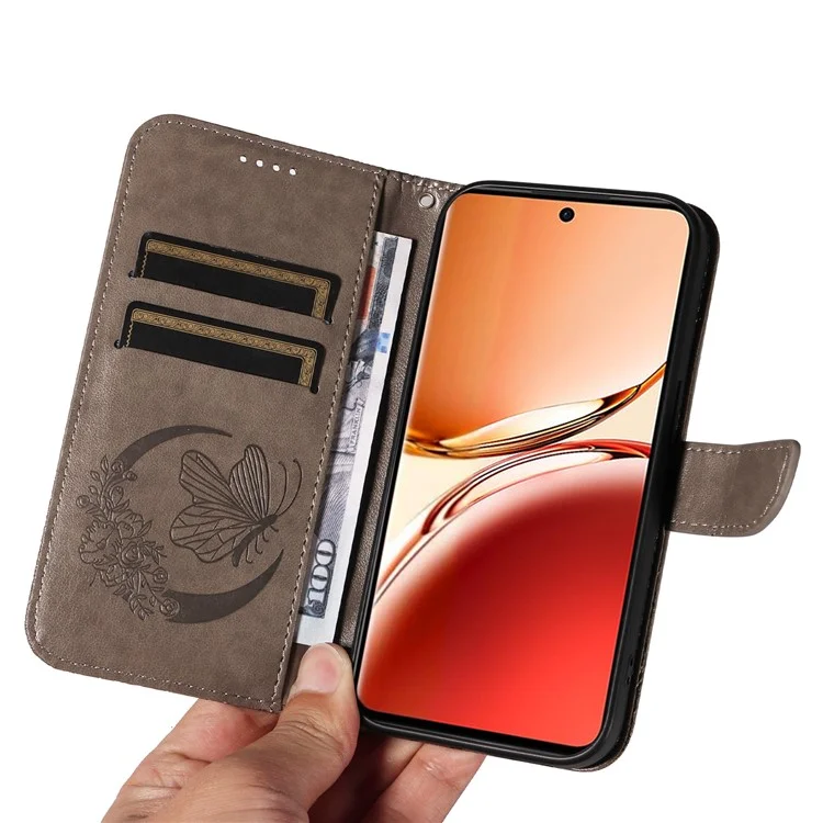 Pour Oppo Reno12 F 4G Étui Fentes pour Cartes Motif Papillon Cuir Housse Téléphone - Gris