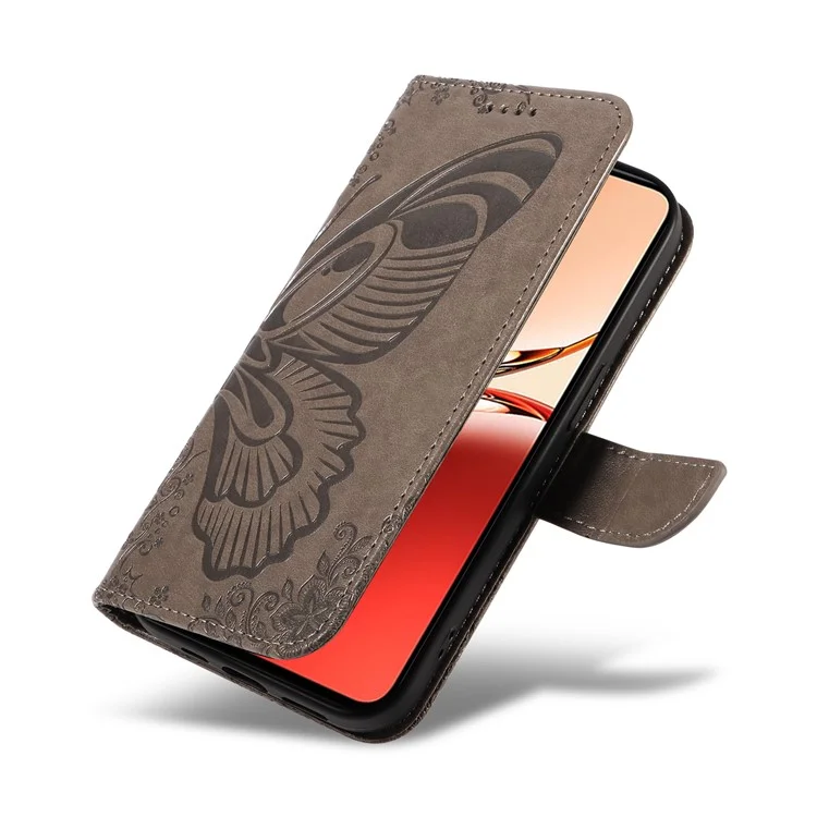 Pour Oppo Reno12 F 4G Étui Fentes pour Cartes Motif Papillon Cuir Housse Téléphone - Gris