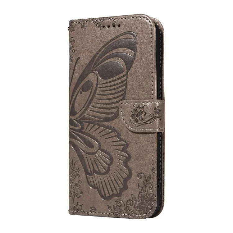 Pour Oppo Reno12 F 4G Étui Fentes pour Cartes Motif Papillon Cuir Housse Téléphone - Gris