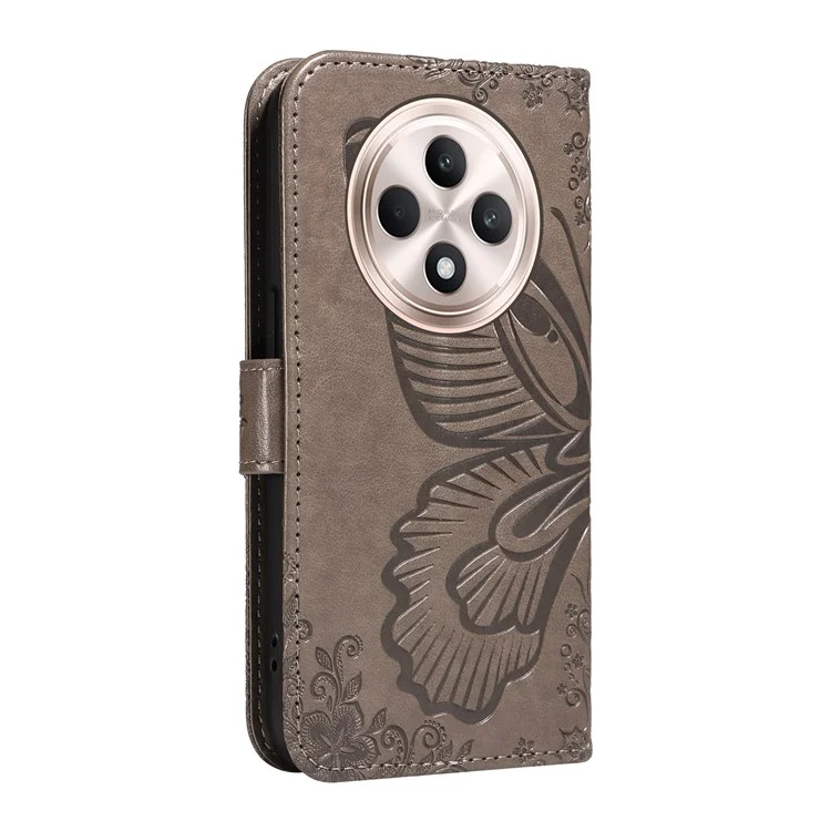 Pour Oppo Reno12 F 4G Étui Fentes pour Cartes Motif Papillon Cuir Housse Téléphone - Gris