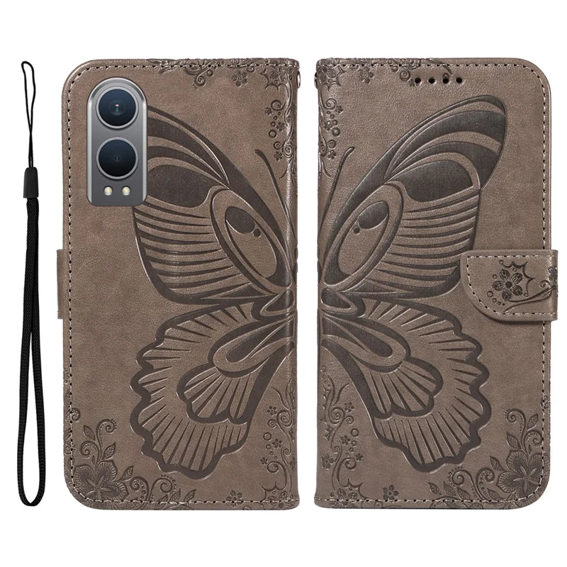 For OnePlus Nord CE4 Lite 5G / Oppo K12x 5G (China) Case Butterfly Pattern Leather Wallet Phone Cover - Grey