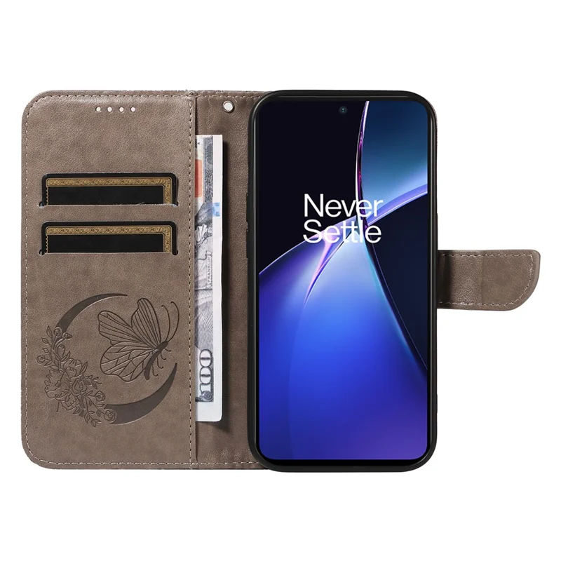 For OnePlus Nord CE4 Lite 5G / Oppo K12x 5G (China) Case Butterfly Pattern Leather Wallet Phone Cover - Grey