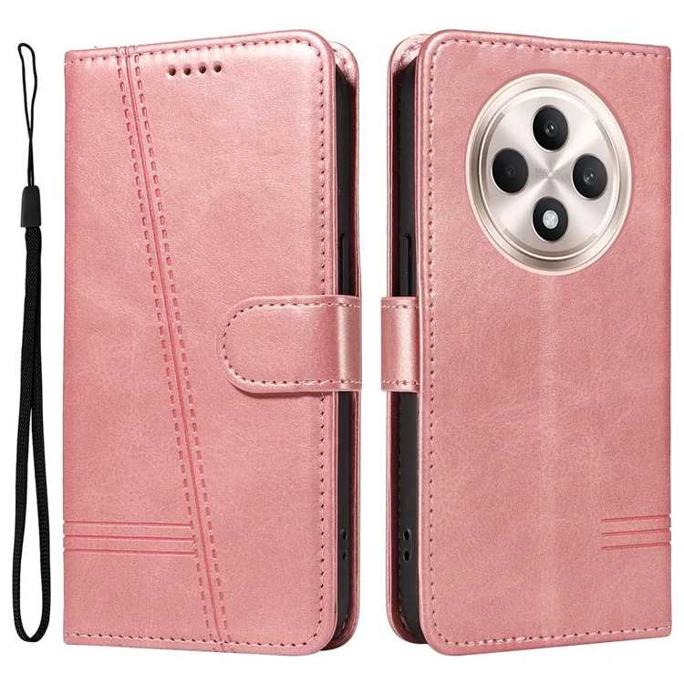 Pour Oppo Reno12 F 4G Coque T-Shape Lines Pliante Support En Cuir Housse de Téléphone - Or Rose