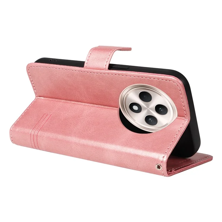 Pour Oppo Reno12 F 4G Coque T-Shape Lines Pliante Support En Cuir Housse de Téléphone - Or Rose