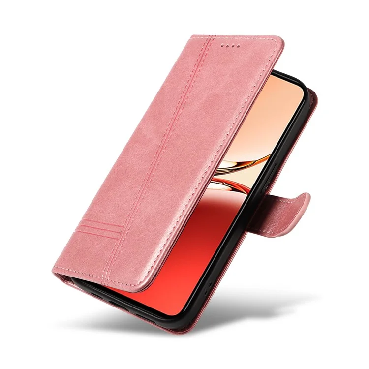 Pour Oppo Reno12 F 4G Coque T-Shape Lines Pliante Support En Cuir Housse de Téléphone - Or Rose
