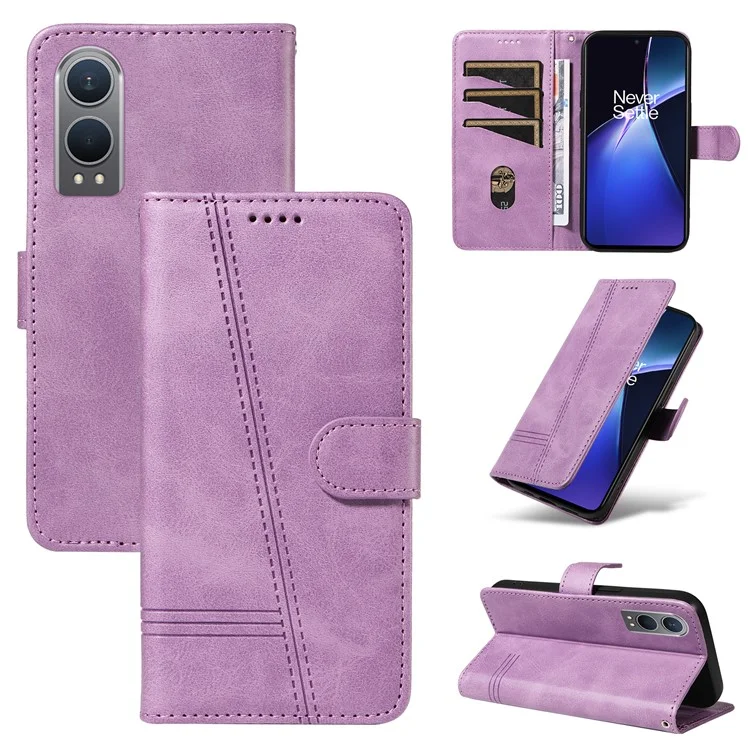 For OnePlus Nord CE4 Lite 5G / Oppo K12x 5G (China) Case T-Shape Lines Leather Shockproof Wallet Phone Cover - Light Purple