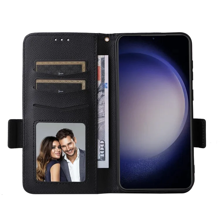 For Samsung Galaxy S24 FE Case with Wrist Strap Litchi Texture PU Leather Wallet Phone Cover - Black