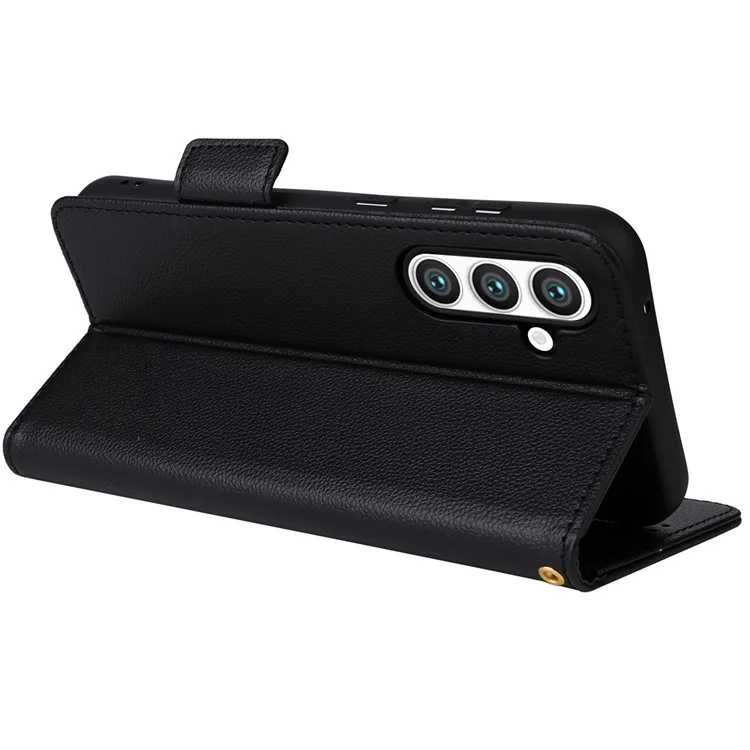 For Samsung Galaxy S24 FE Case with Wrist Strap Litchi Texture PU Leather Wallet Phone Cover - Black