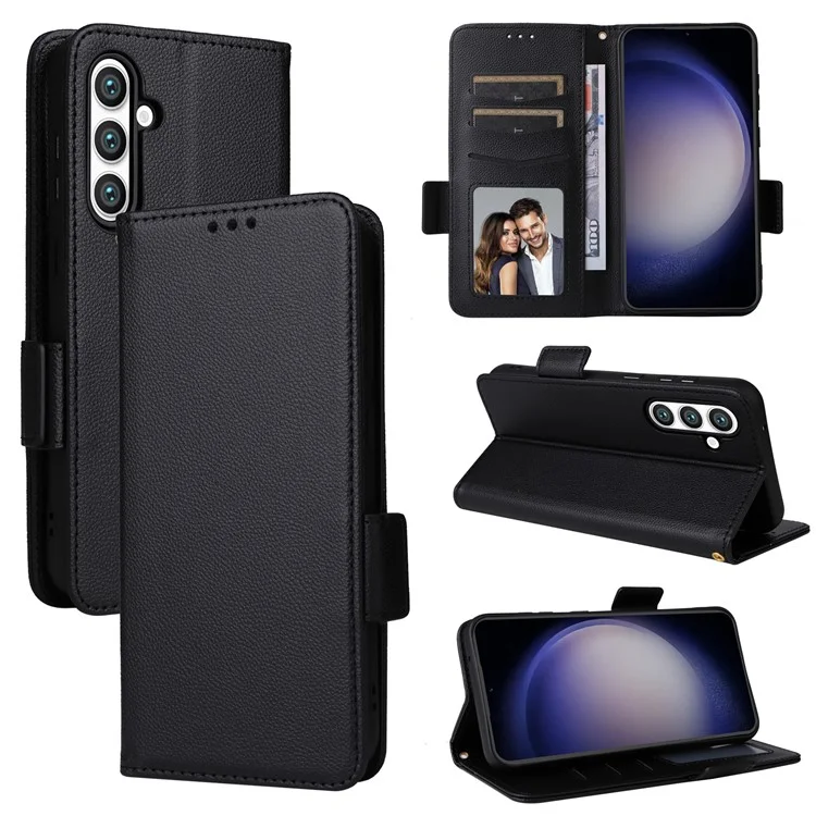 For Samsung Galaxy S24 FE Case with Wrist Strap Litchi Texture PU Leather Wallet Phone Cover - Black