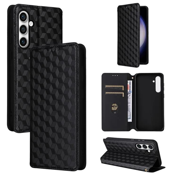 Für Samsung Galaxy S24 FE Wallet Case Rhombus Imprint Ledertelefonhülle - Schwarz