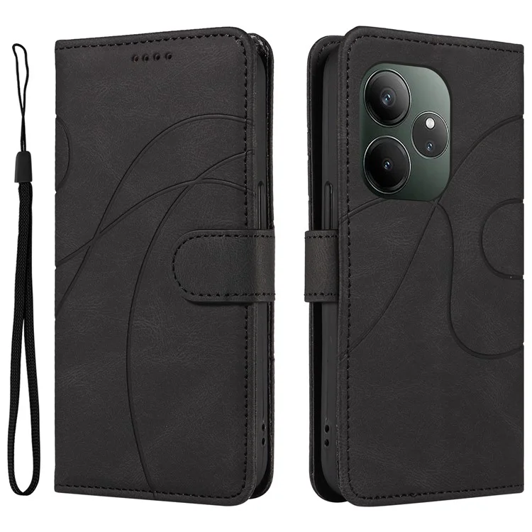 Para Realme GT 6 5G Case Stand Wallet Leather Phone Cover Curved Line Wrist Strap - Preto