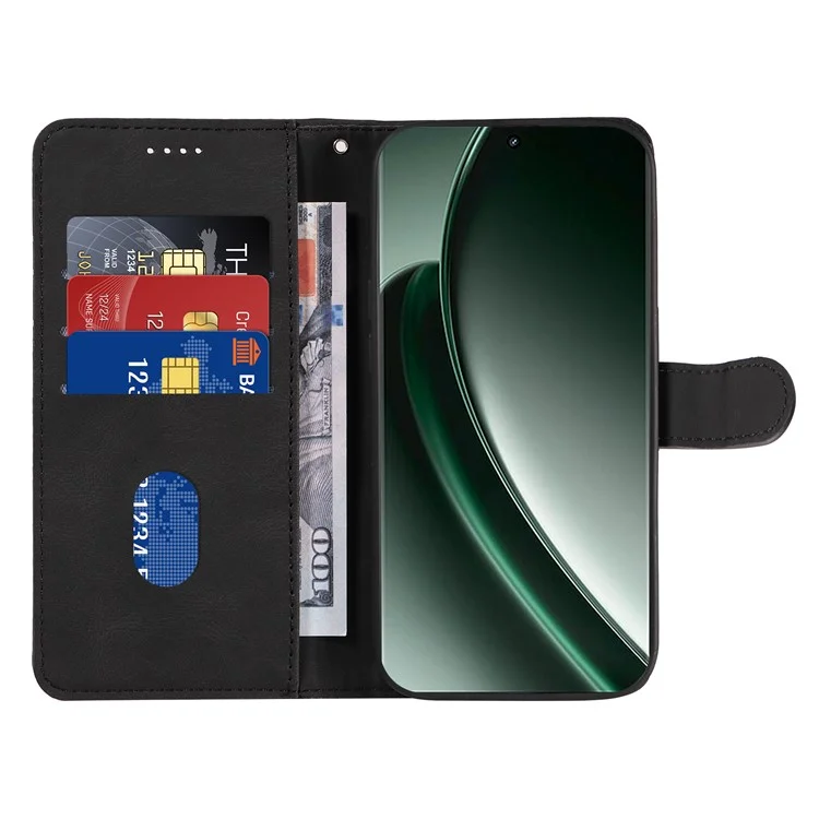 Para Realme GT 6 5G Case Stand Wallet Leather Phone Cover Curved Line Wrist Strap - Preto