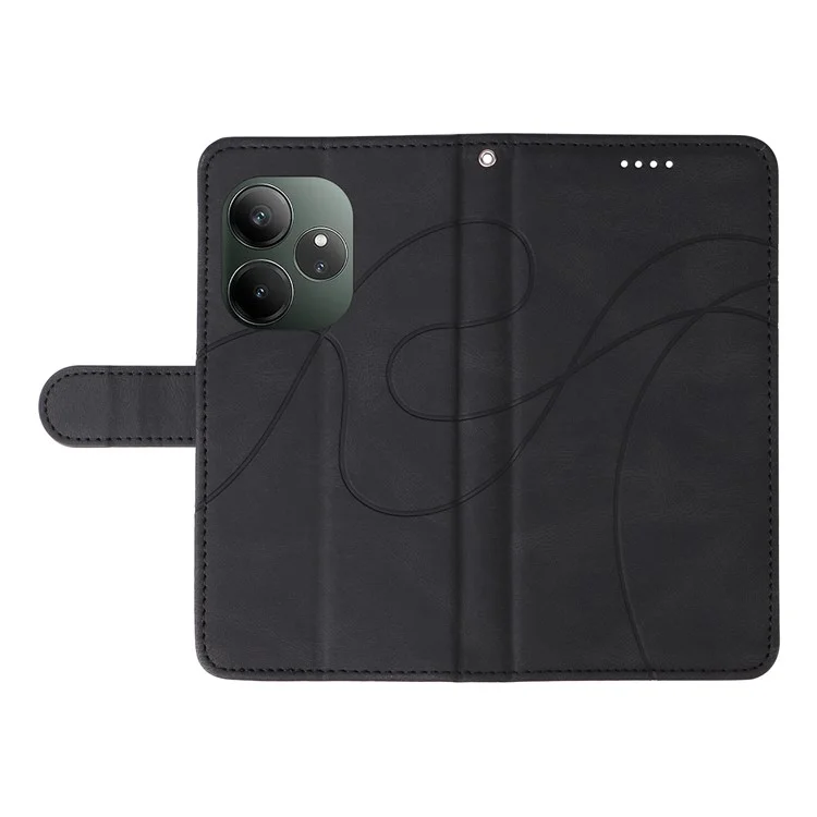 Para Realme GT 6 5G Case Stand Wallet Leather Phone Cover Curved Line Wrist Strap - Preto