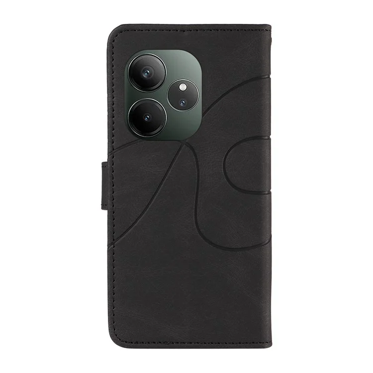 Para Realme GT 6 5G Case Stand Wallet Leather Phone Cover Curved Line Wrist Strap - Preto