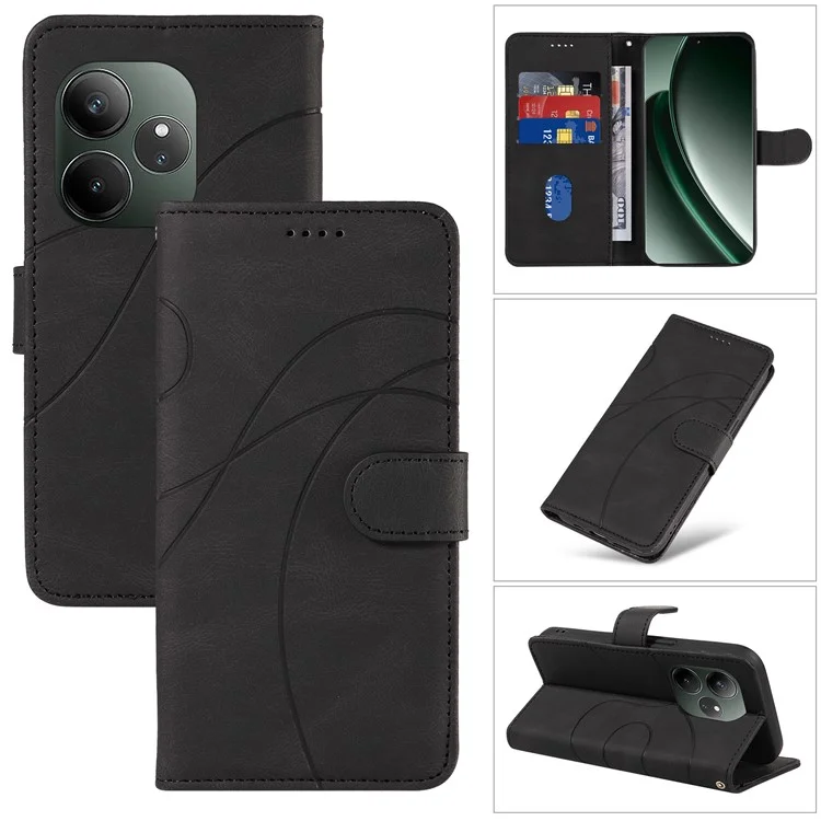 Para Realme GT 6 5G Case Stand Wallet Leather Phone Cover Curved Line Wrist Strap - Preto