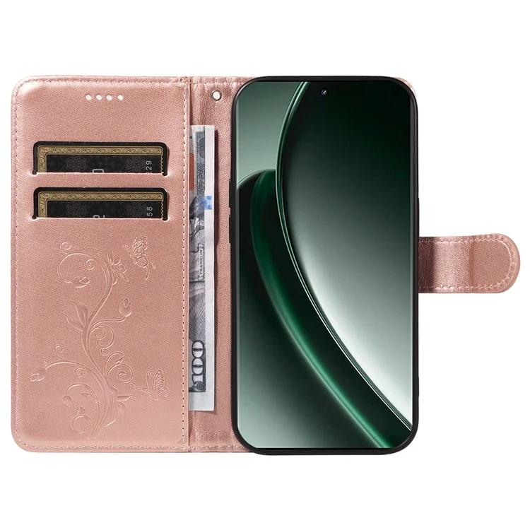For Realme GT 6 5G PU Leather Cases Flower Pattern Wallet Stand Phone Cover with Strap - Rose Gold
