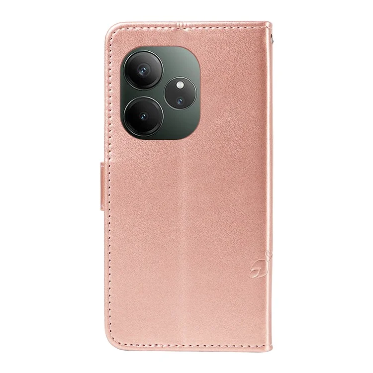 For Realme GT 6 5G PU Leather Cases Flower Pattern Wallet Stand Phone Cover with Strap - Rose Gold
