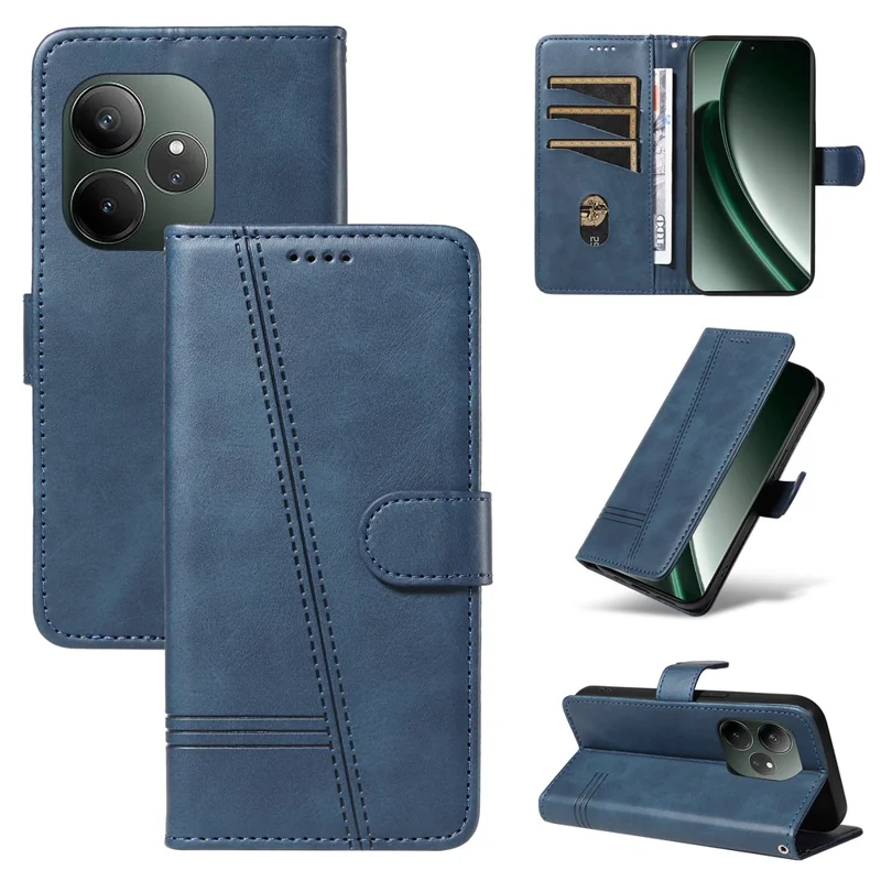 For Realme GT 6 5G Case Flip Wallet T-Shape Lines Leather Phone Cover - Blue