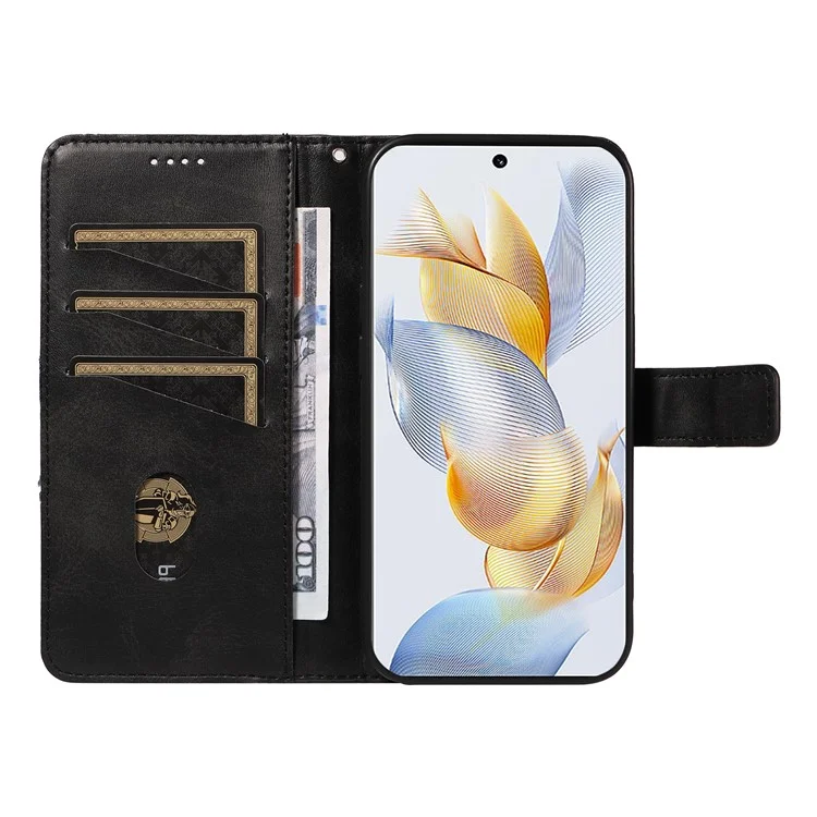 For Honor 90 Case Wallet Geometric Line Leather Phone Cover Bookstyle Folding Stand - Noir