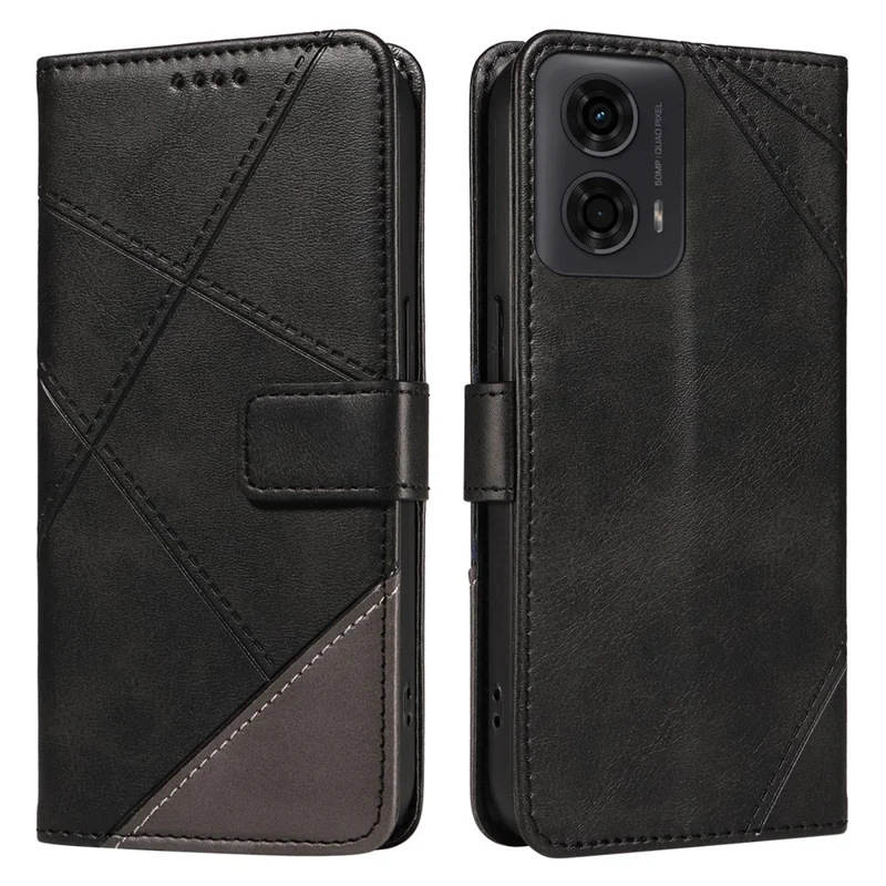 Para Motorola Moto E14 4G / G04 4G / G04s 4G / G24 4G Capa Suporte para Cartão de Couro Capa de Telefone Linha Geométrica - Preto