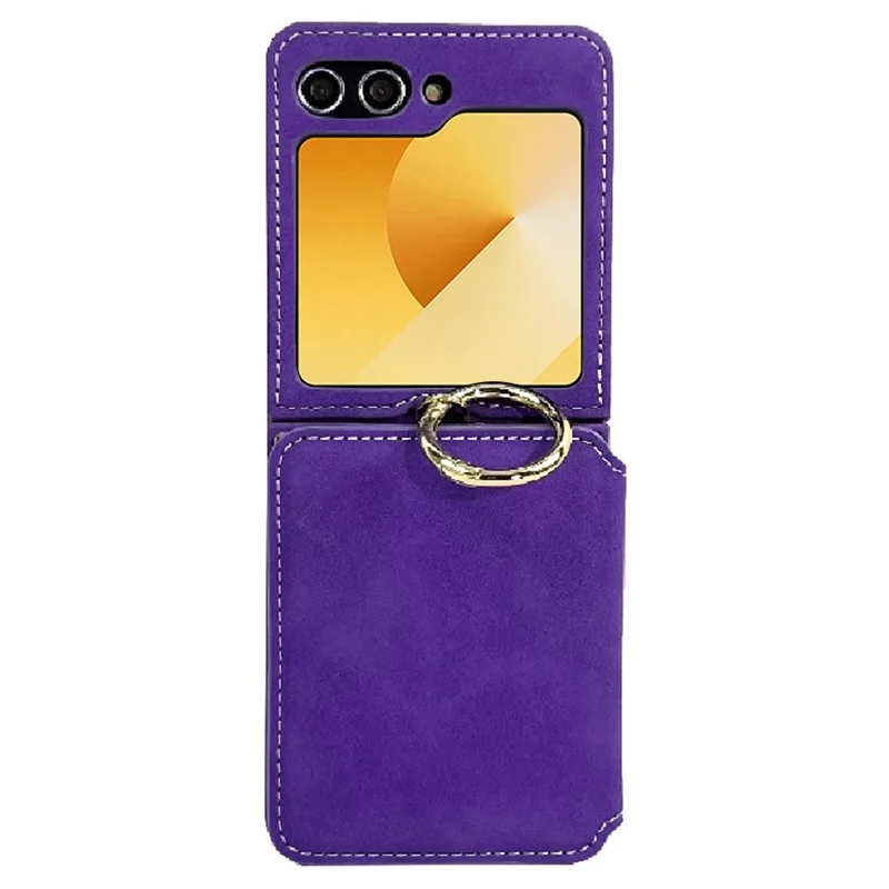 For Samsung Galaxy Z Flip5 5G Case Card Holder Leather + PC Phone Cover with Finger Ring - Purple