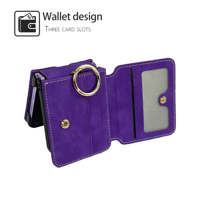 For Samsung Galaxy Z Flip5 5G Case Card Holder Leather + PC Phone Cover with Finger Ring - Purple