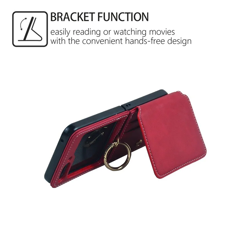For Samsung Galaxy Z Flip5 5G Case Card Holder Leather + PC Phone Cover with Finger Ring - Purple