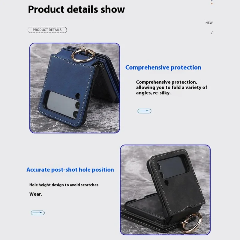 For Samsung Galaxy Z Flip5 5G Case Card Holder Leather + PC Phone Cover with Finger Ring - Purple