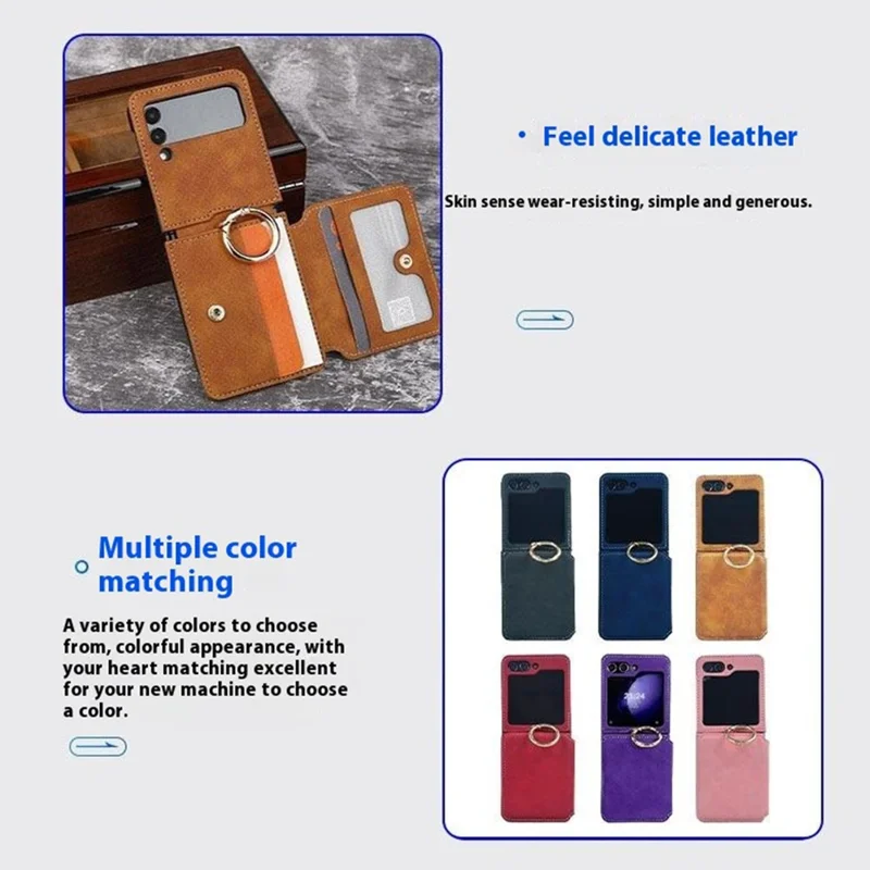 For Samsung Galaxy Z Flip5 5G Case Card Holder Leather + PC Phone Cover with Finger Ring - Purple