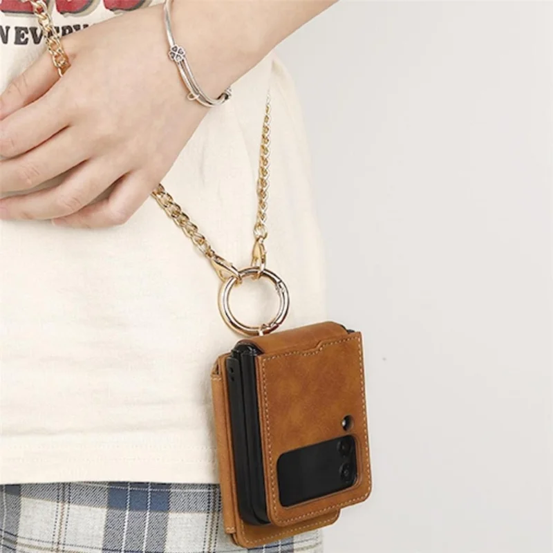 For Samsung Galaxy Z Flip5 5G Case Card Holder Leather + PC Phone Cover with Finger Ring - Purple