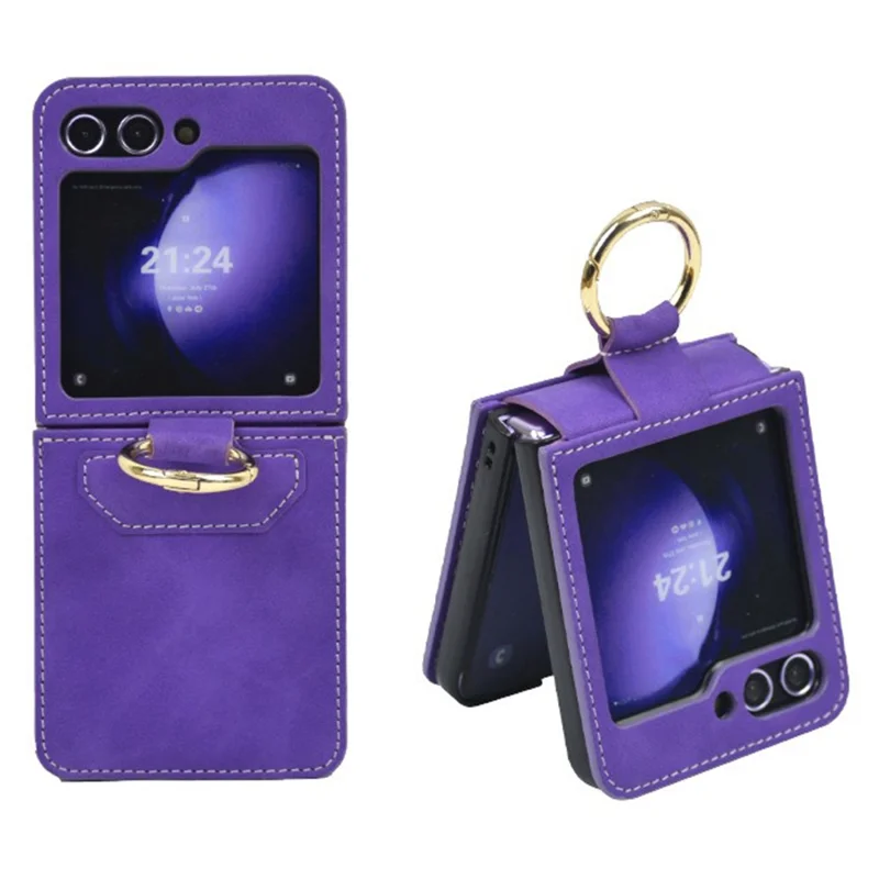 Para Samsung Galaxy Z Flip5 5G Case Leather Coated PC Phone Cover com Ring Kickstand - Roxo