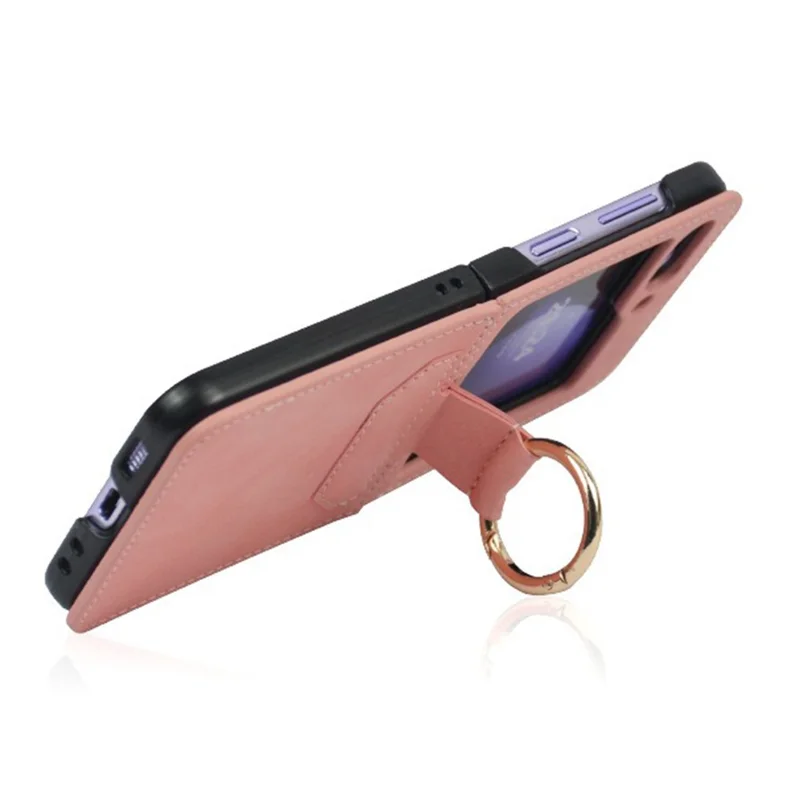 Para Samsung Galaxy Z Flip5 5G Case Leather Coated PC Phone Cover com Ring Kickstand - Roxo