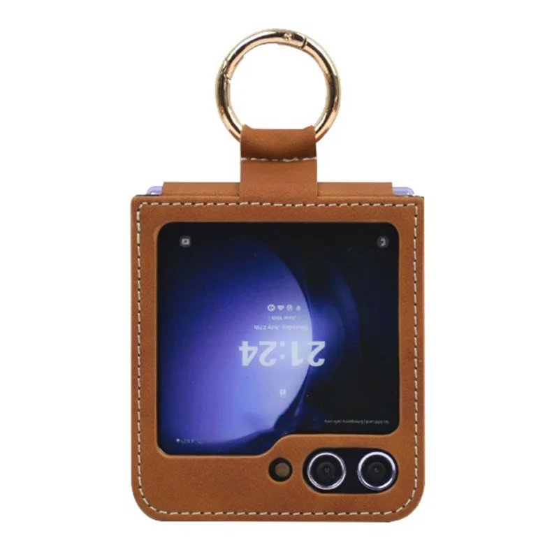 Para Samsung Galaxy Z Flip5 5G Case Leather Coated PC Phone Cover com Ring Kickstand - Roxo