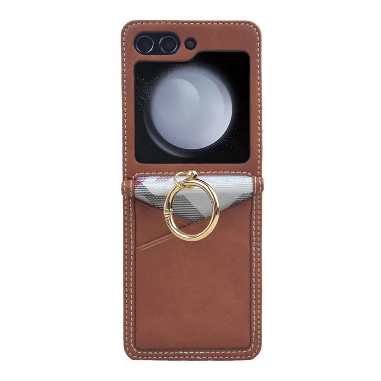 Para Samsung Galaxy Z Flip5 5G Funda Ranura Tarjeta Soporte de Anillo de Cuero+PC Funda Protectora - Marrón Oscuro