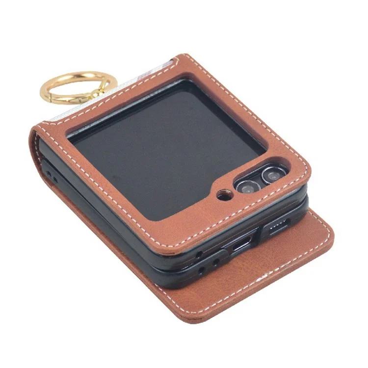 Para Samsung Galaxy Z Flip5 5G Funda Ranura Tarjeta Soporte de Anillo de Cuero+PC Funda Protectora - Marrón Oscuro