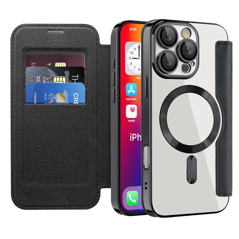 For iPhone 16 Pro Max Magnetic Case Card Slots RFID Blocking Leather Phone Cover - Black