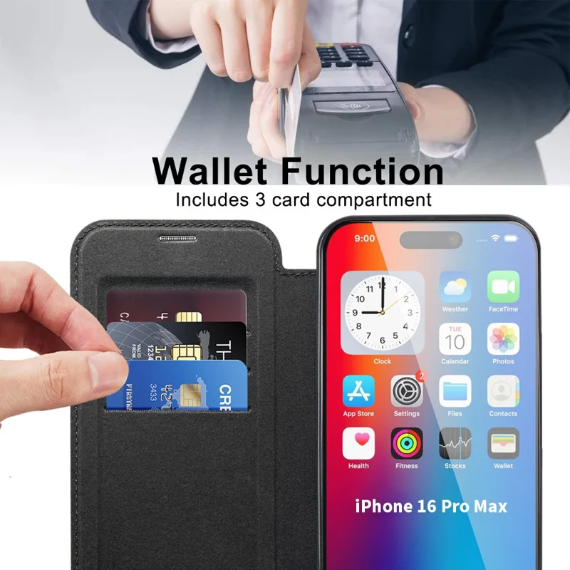 For iPhone 16 Pro Max Magnetic Case Card Slots RFID Blocking Leather Phone Cover - Black