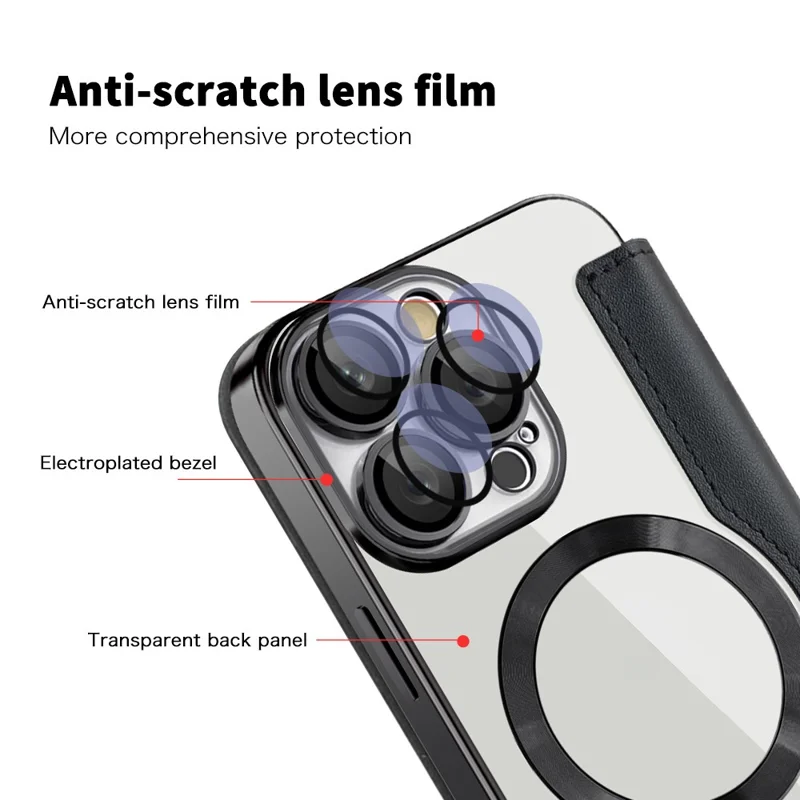 For iPhone 16 Pro Max Magnetic Case Card Slots RFID Blocking Leather Phone Cover - Black