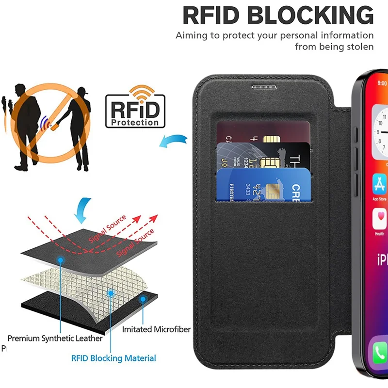 For iPhone 16 Pro Max Magnetic Case Card Slots RFID Blocking Leather Phone Cover - Black