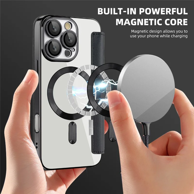 For iPhone 16 Pro Max Magnetic Case Card Slots RFID Blocking Leather Phone Cover - Black