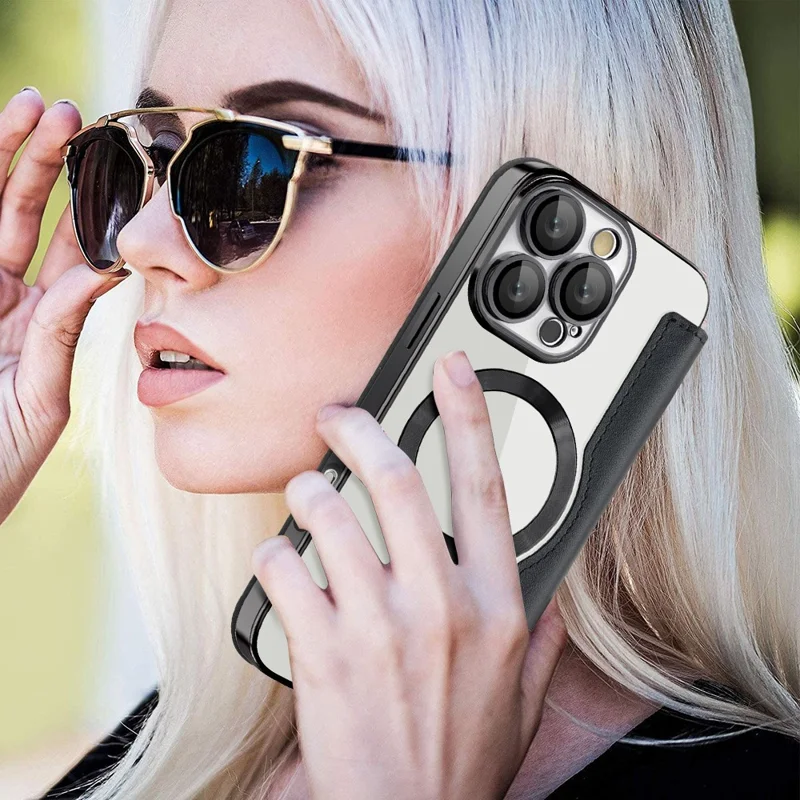 For iPhone 16 Pro Max Magnetic Case Card Slots RFID Blocking Leather Phone Cover - Black