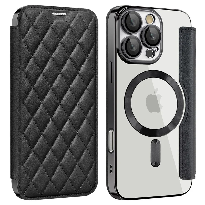Для iPhone 16 Pro Case Совместимые с MagSafe Ромбический PU кожаный телефонный чехол - Черный