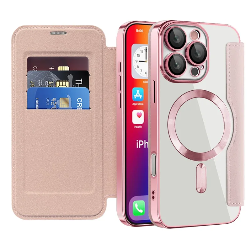 For iPhone 16 Pro Max Magnetic Phone Case RFID Blocking Phone Leather Cover - Pink