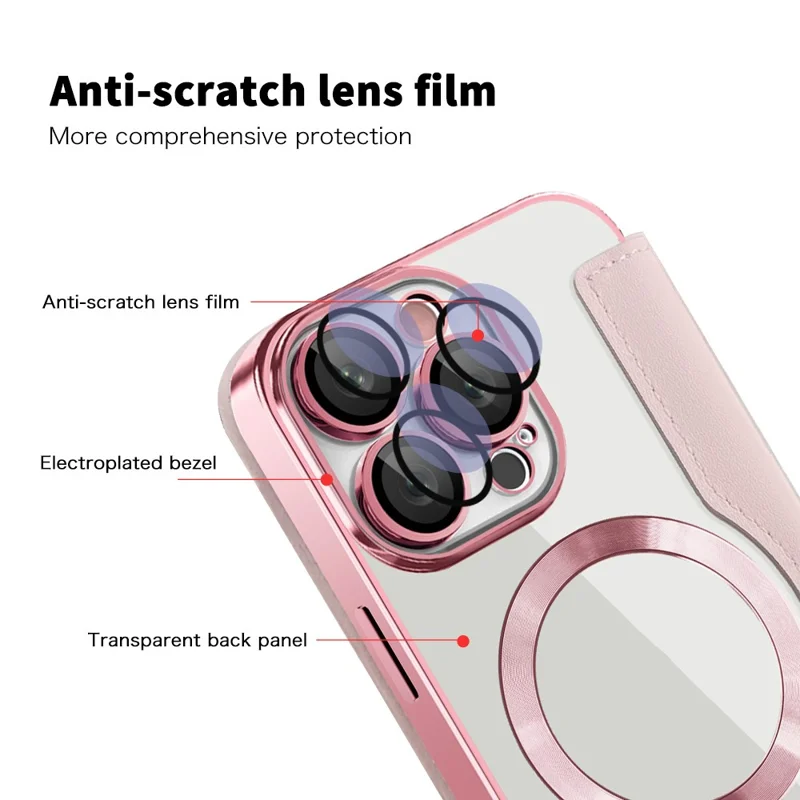 For iPhone 16 Pro Max Magnetic Phone Case RFID Blocking Phone Leather Cover - Pink