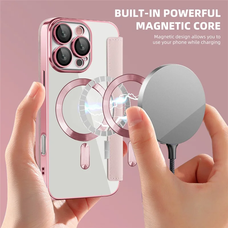 For iPhone 16 Pro Max Magnetic Phone Case RFID Blocking Phone Leather Cover - Pink