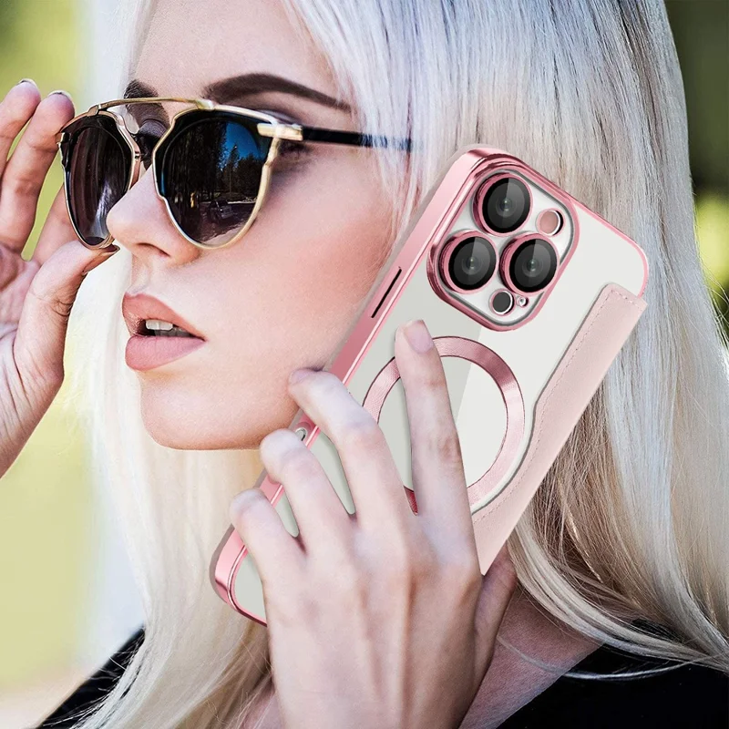 For iPhone 16 Pro Max Magnetic Phone Case RFID Blocking Phone Leather Cover - Pink