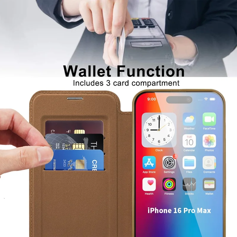 For iPhone 16 Pro Case Compatible with MagSafe PU Leather Card Slots Phone Cover - Brown